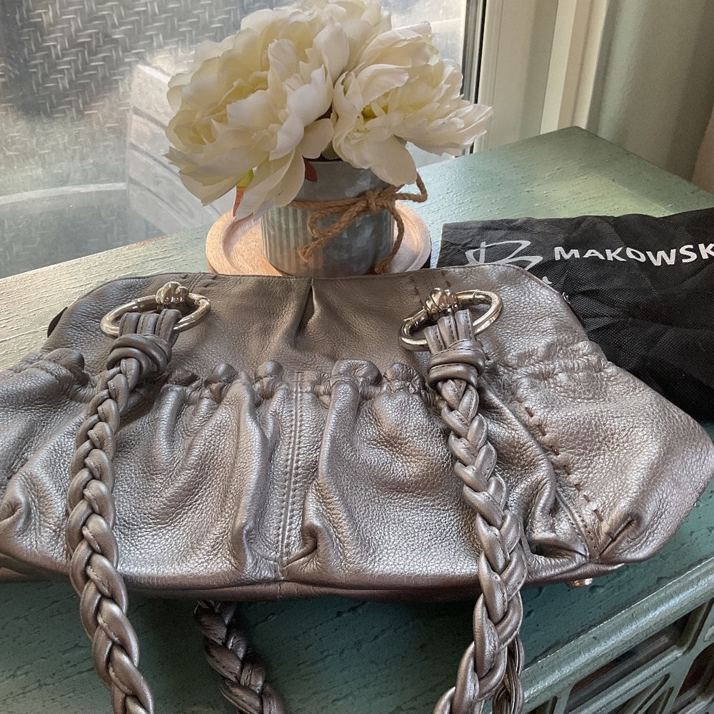 B. Makowsky Silver Metalic Leather Satchel Handbag “Like New”